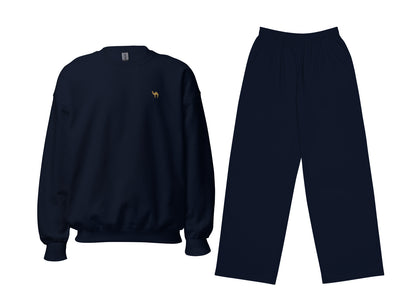 Navy blue sweatshirt and pants set on a white background