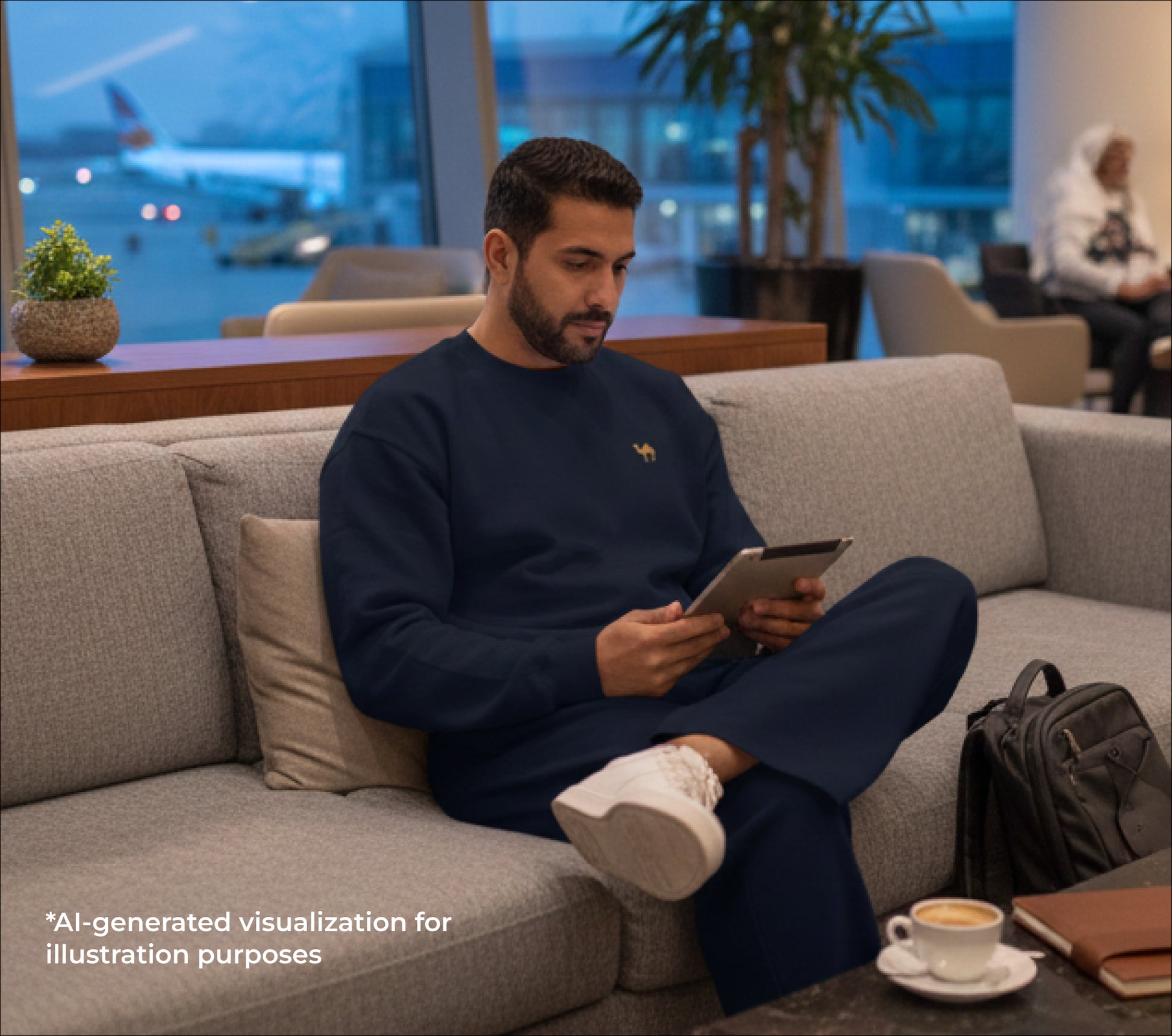 Man sitting on a couch in an airport lounge using a tablet, with airplane windows and potted plants in the background.