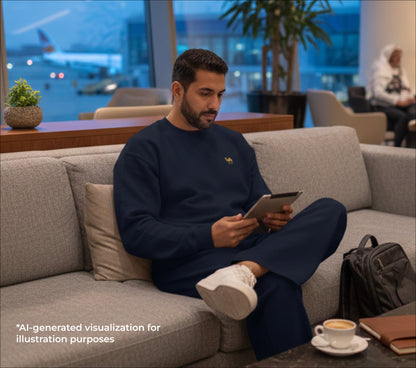 Man sitting on a couch in an airport lounge using a tablet, with airplane windows and potted plants in the background.