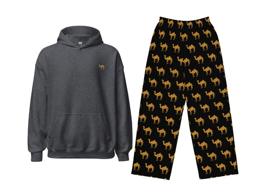 Gray hoodie and black pants with camel pattern on a white background