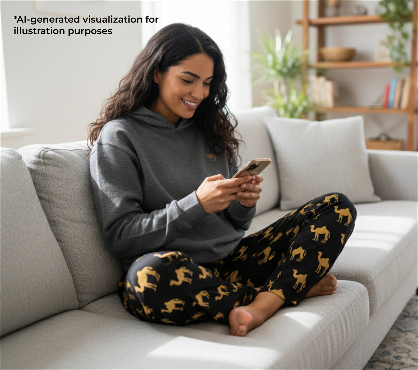 Woman sitting on a couch using a smartphone in a cozy living room.