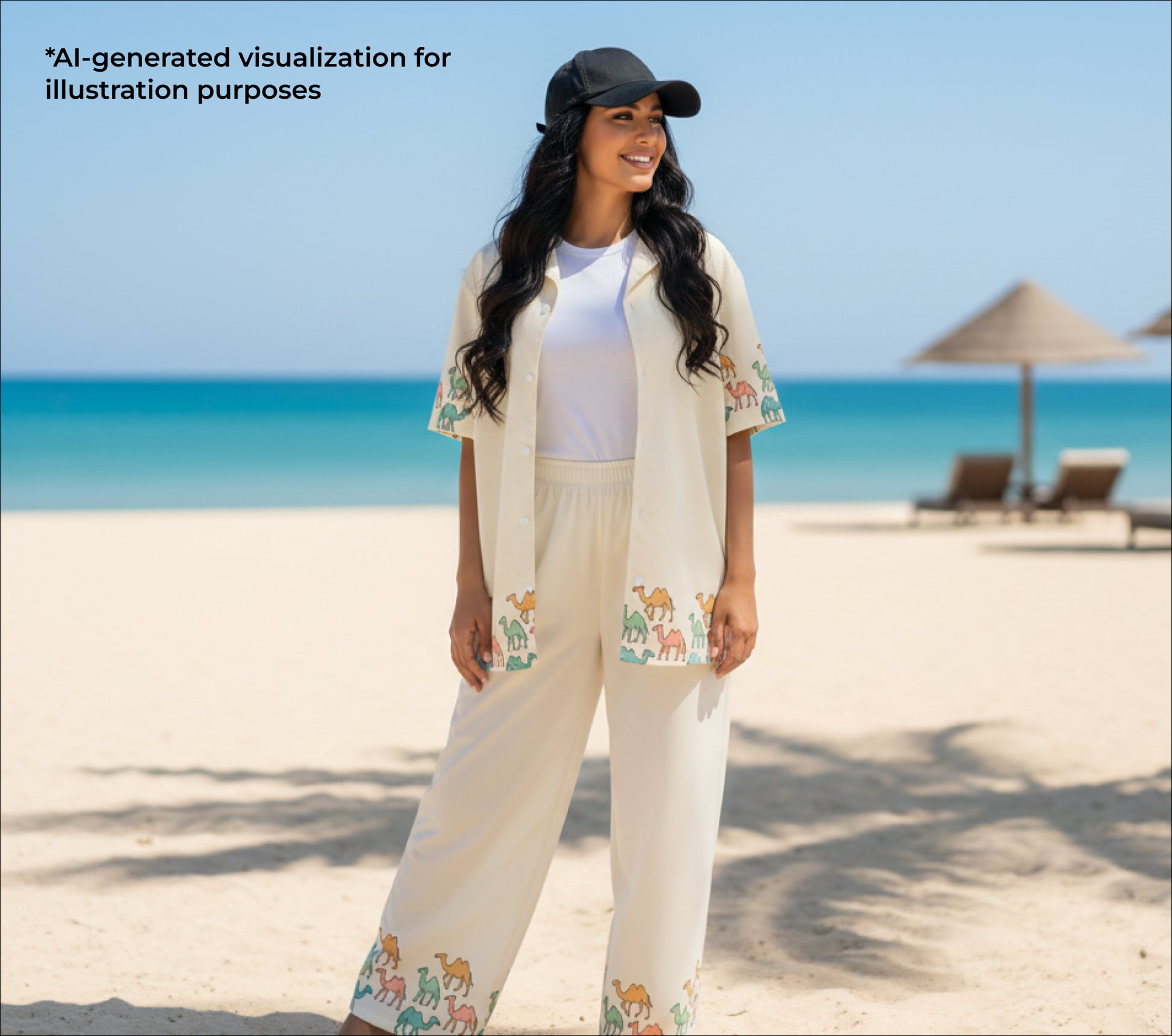 Woman in a white outfit with colorful camel patterns standing on a beach.