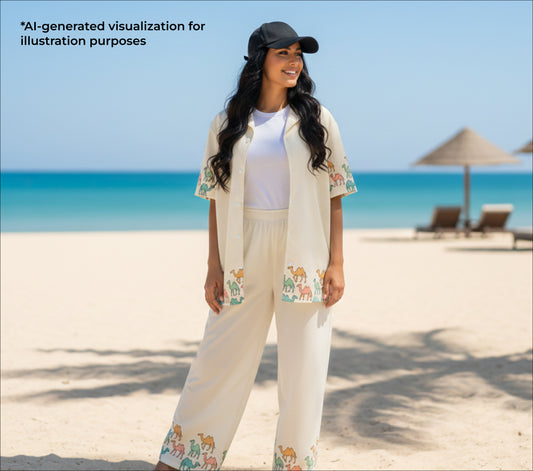 Woman in a white outfit with colorful camel patterns standing on a beach.