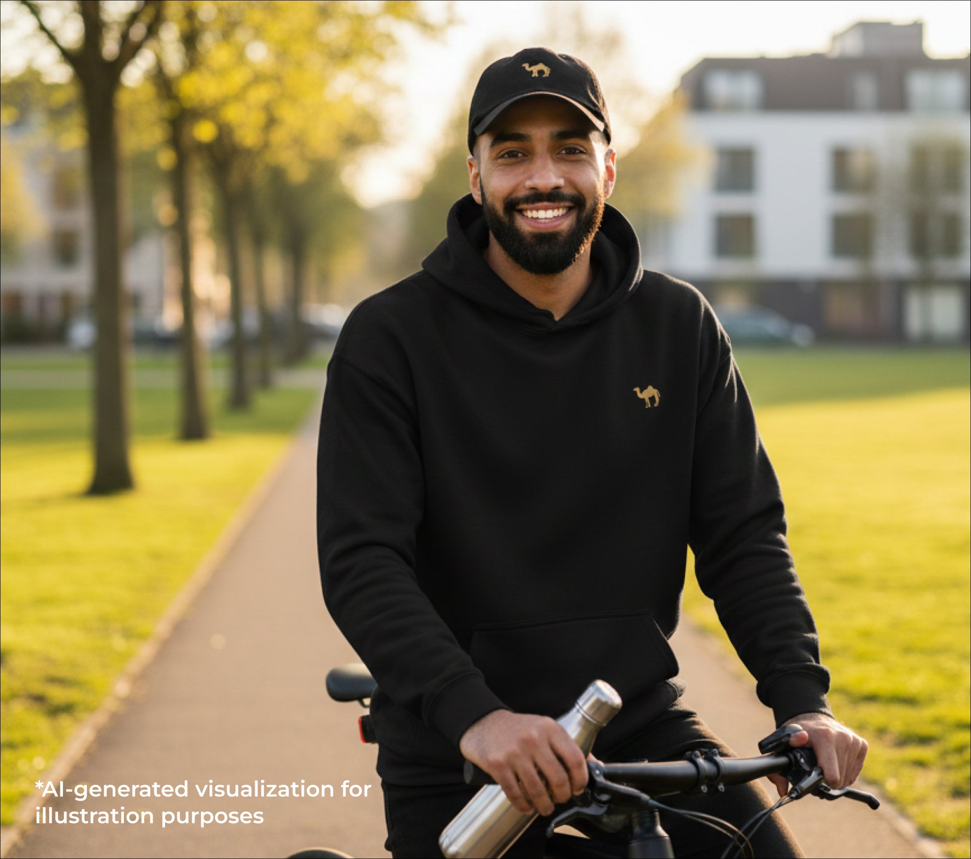 Man in black hoodie with a small camel embroidery on a bicycle in a park setting