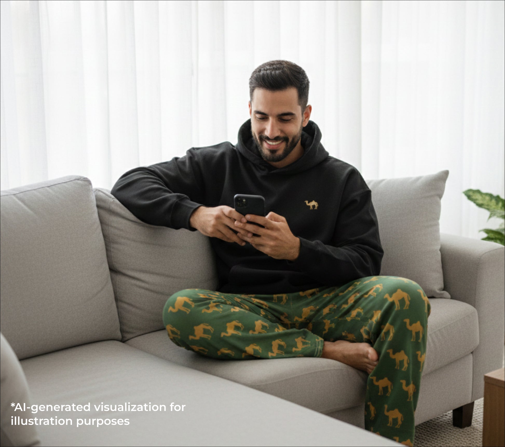Man sitting on a couch wearing a black hoodie and green patterned pants, using a smartphone.