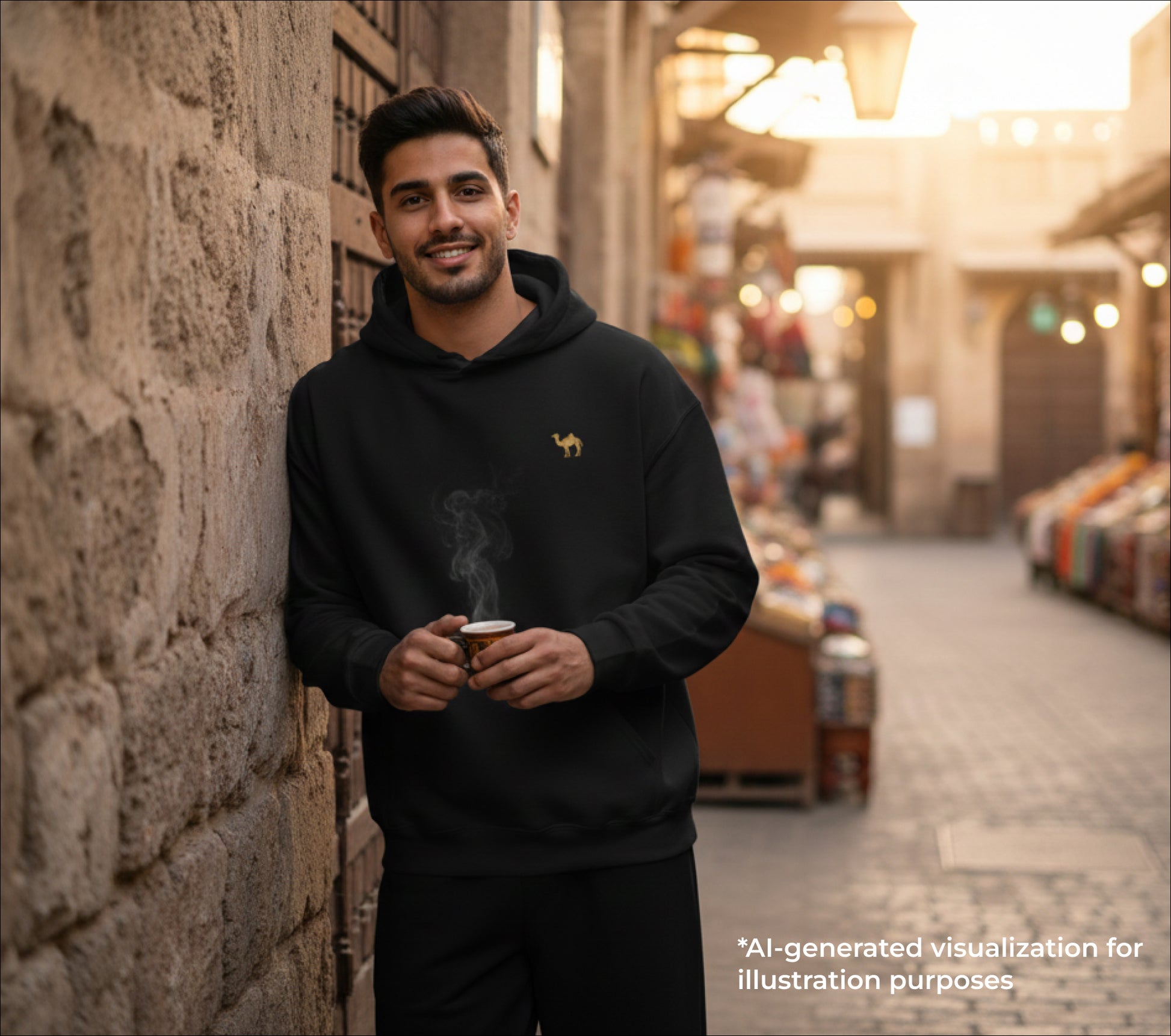 Man in a black hoodie holding a cup, standing against a stone wall in a market setting.