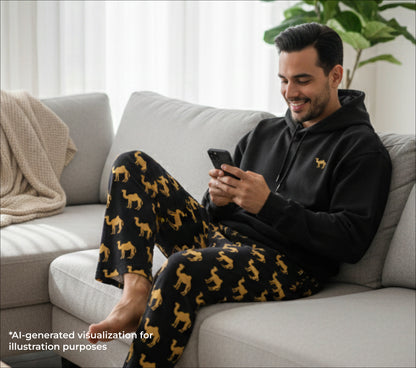 Man sitting on a couch wearing a black hoodie and camel patterned pants, using a phone.