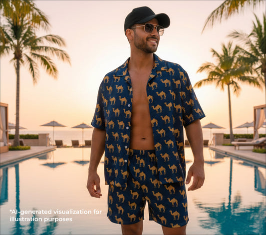 Man wearing a camel blue patterned shirt and shorts by a pool with palm trees in the background