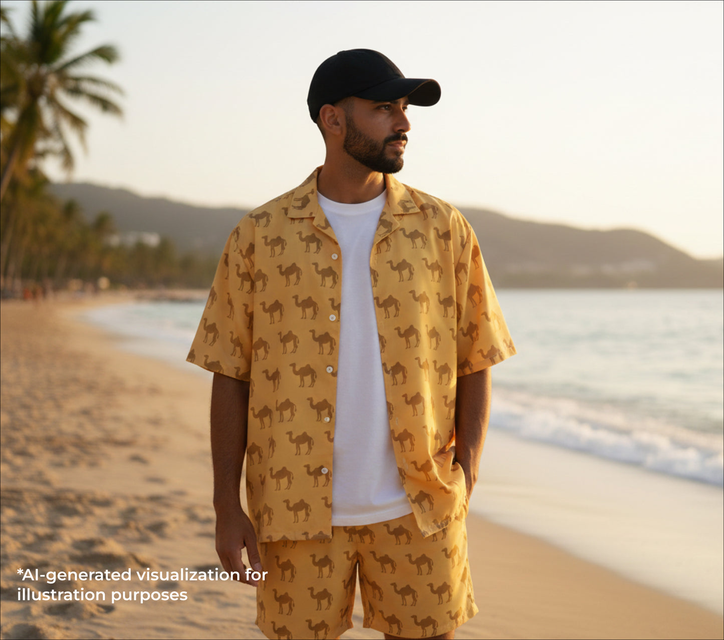 Man wearing a yellow camel patterned shirt and shorts on a beach with palm trees and mountains in the background.