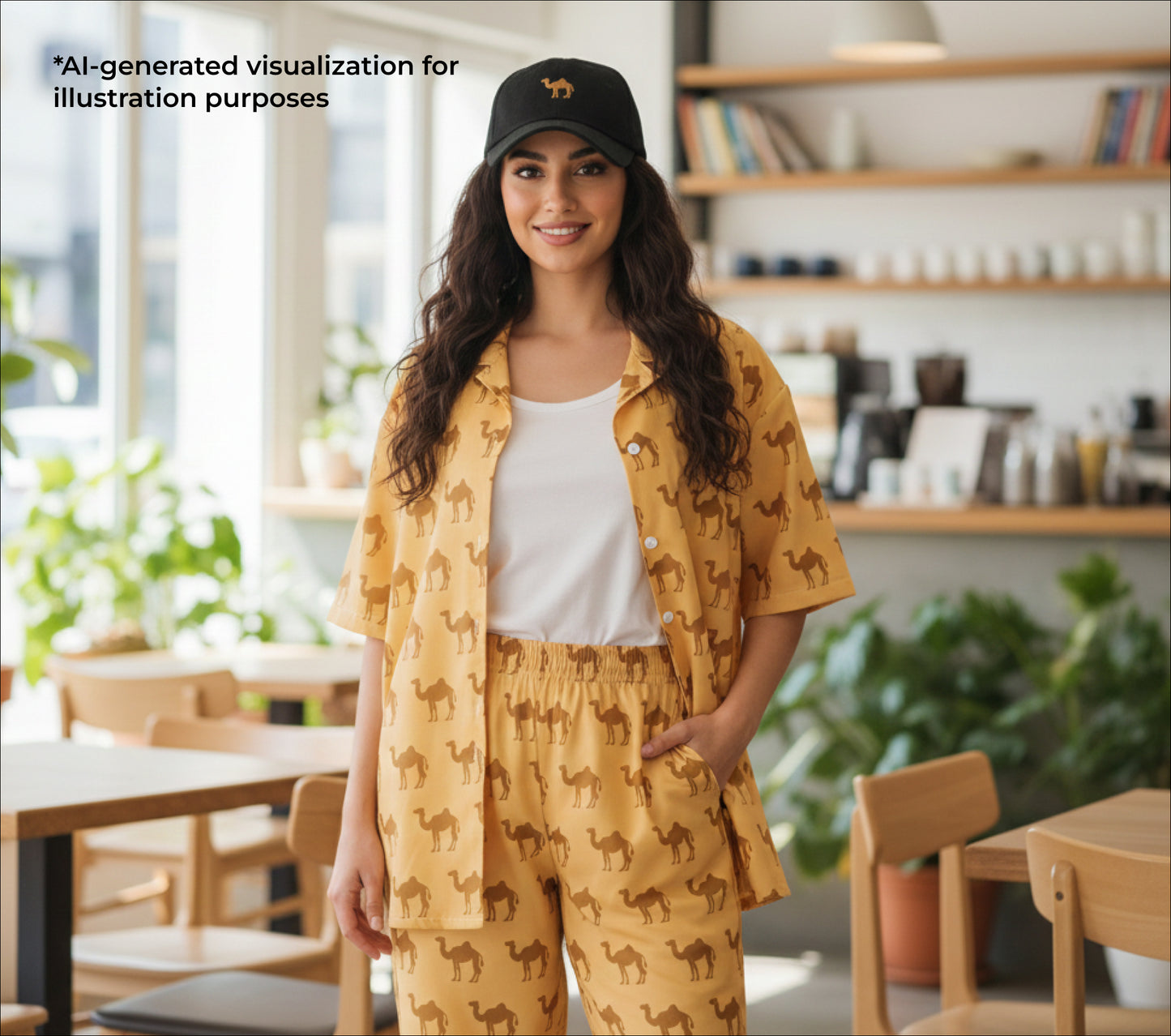 Woman wearing a yellow outfit with camel pattern in a cafe setting