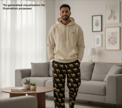 Man wearing a beige hoodie and camel patterned pants in a living room.
