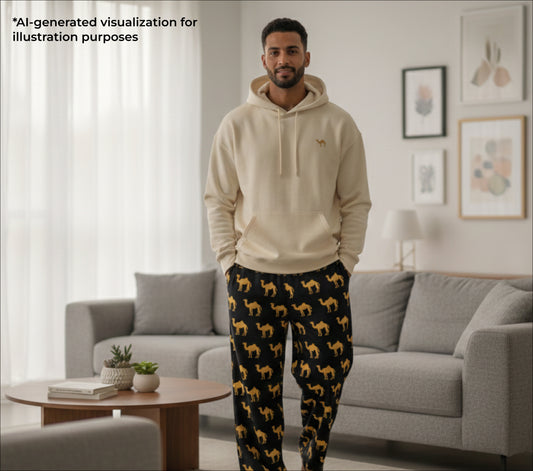 Man wearing a beige hoodie and camel patterned pants in a living room.