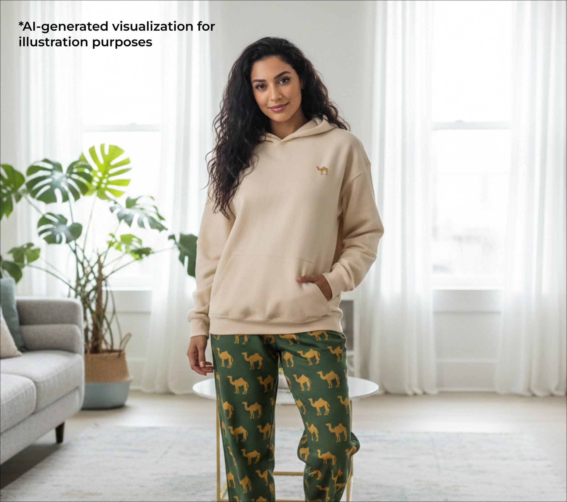 Woman wearing a beige hoodie and green patterned pants in a bright room with plants and a couch.