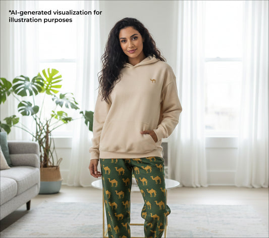 Woman wearing a beige hoodie and green patterned pants in a bright room with plants and a couch.