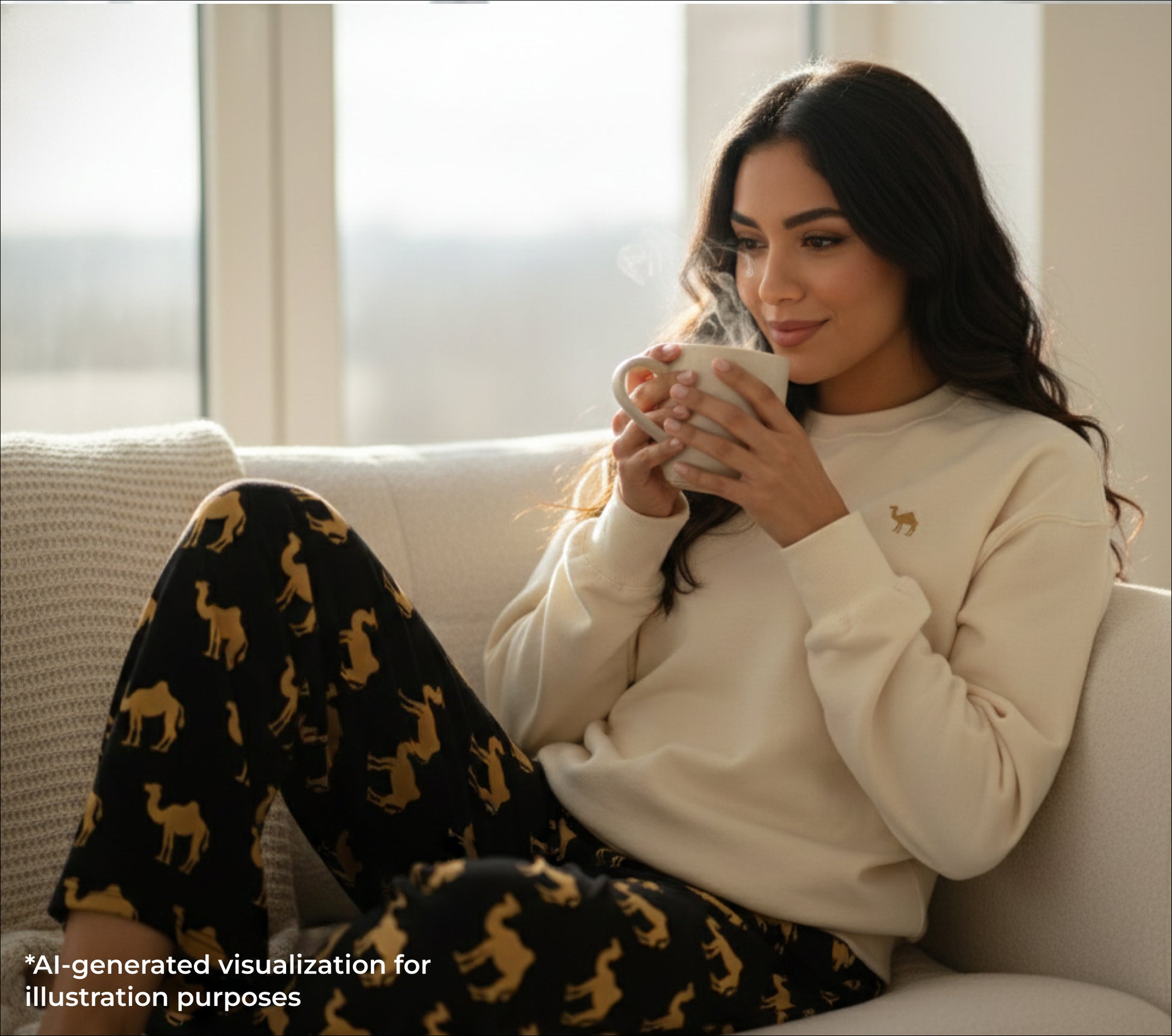 A woman is sitting on a couch drinking coffee from a mug and she's  wearing the sweatshirt with a small embroidered camel and black pants with camel pattern.
