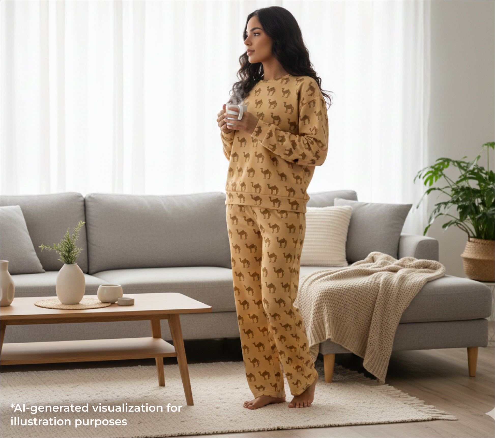 Woman in a patterned camel set standing in a living room with a gray sofa and coffee table.