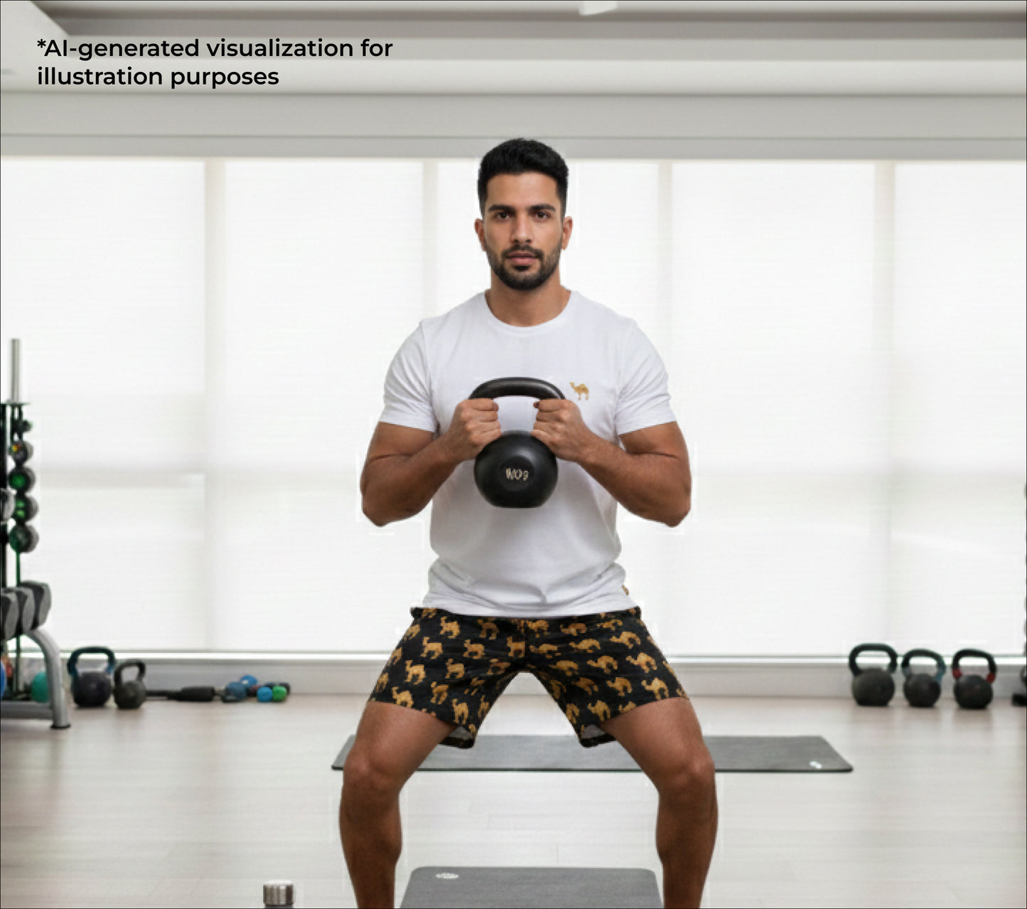 Man holding a kettlebell in a home gym setting