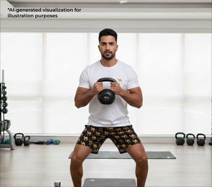 Man holding a kettlebell in a home gym setting