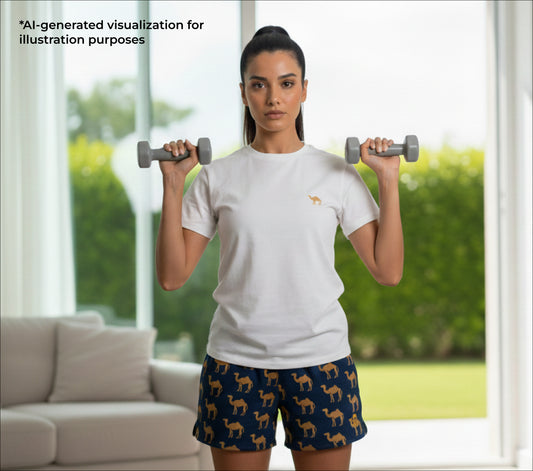 Woman exercising with dumbbells in a home setting