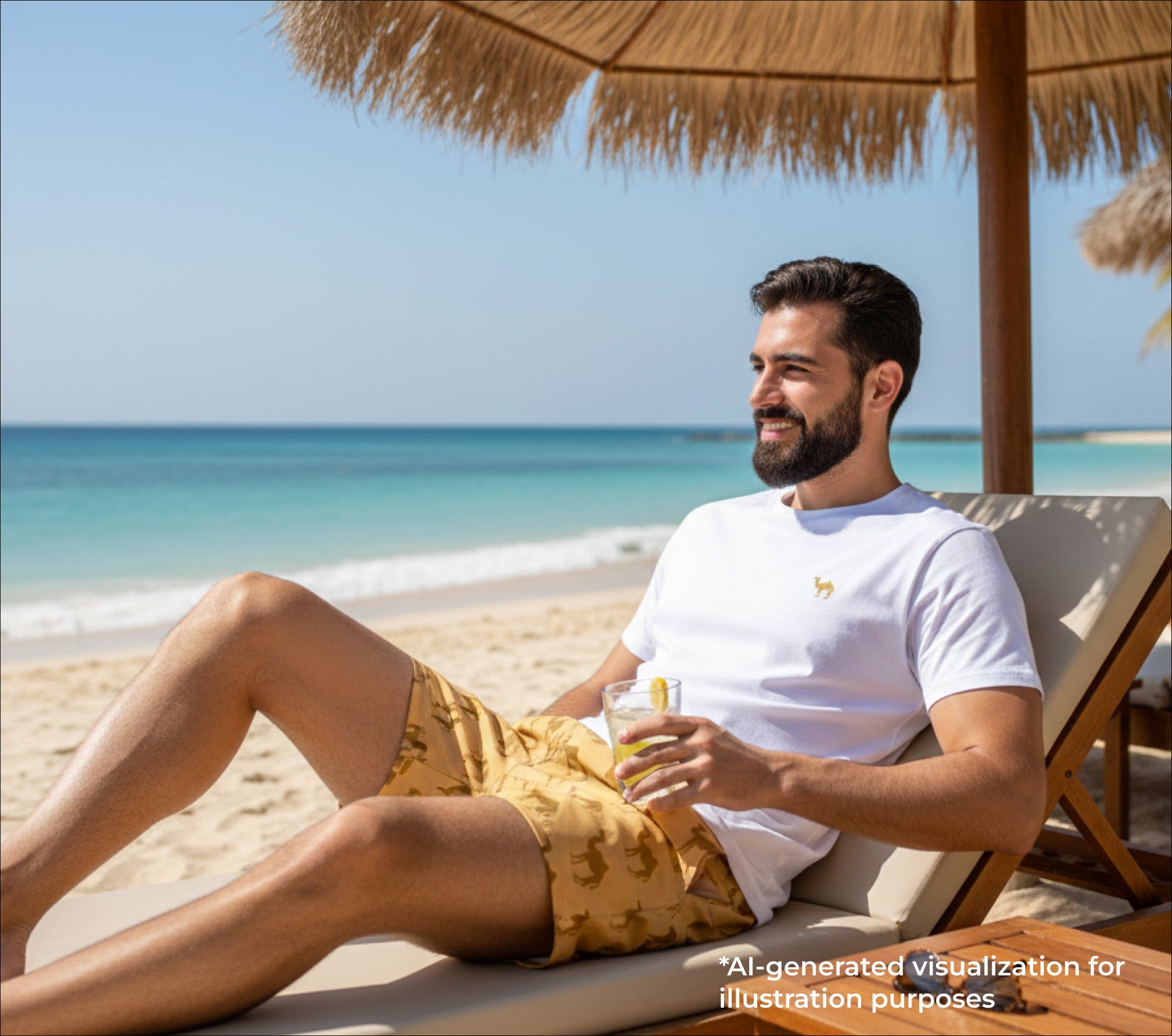 Man relaxing on a beach chair under a thatched umbrella with ocean view