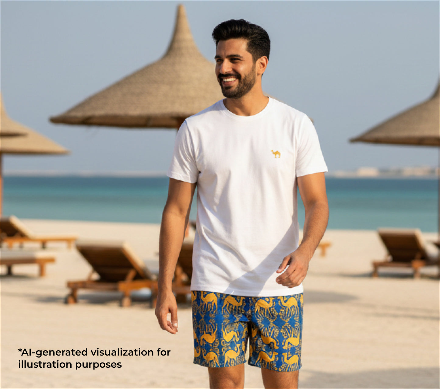 Man wearing a white t-shirt and blue shorts with camel pattern on a beach.