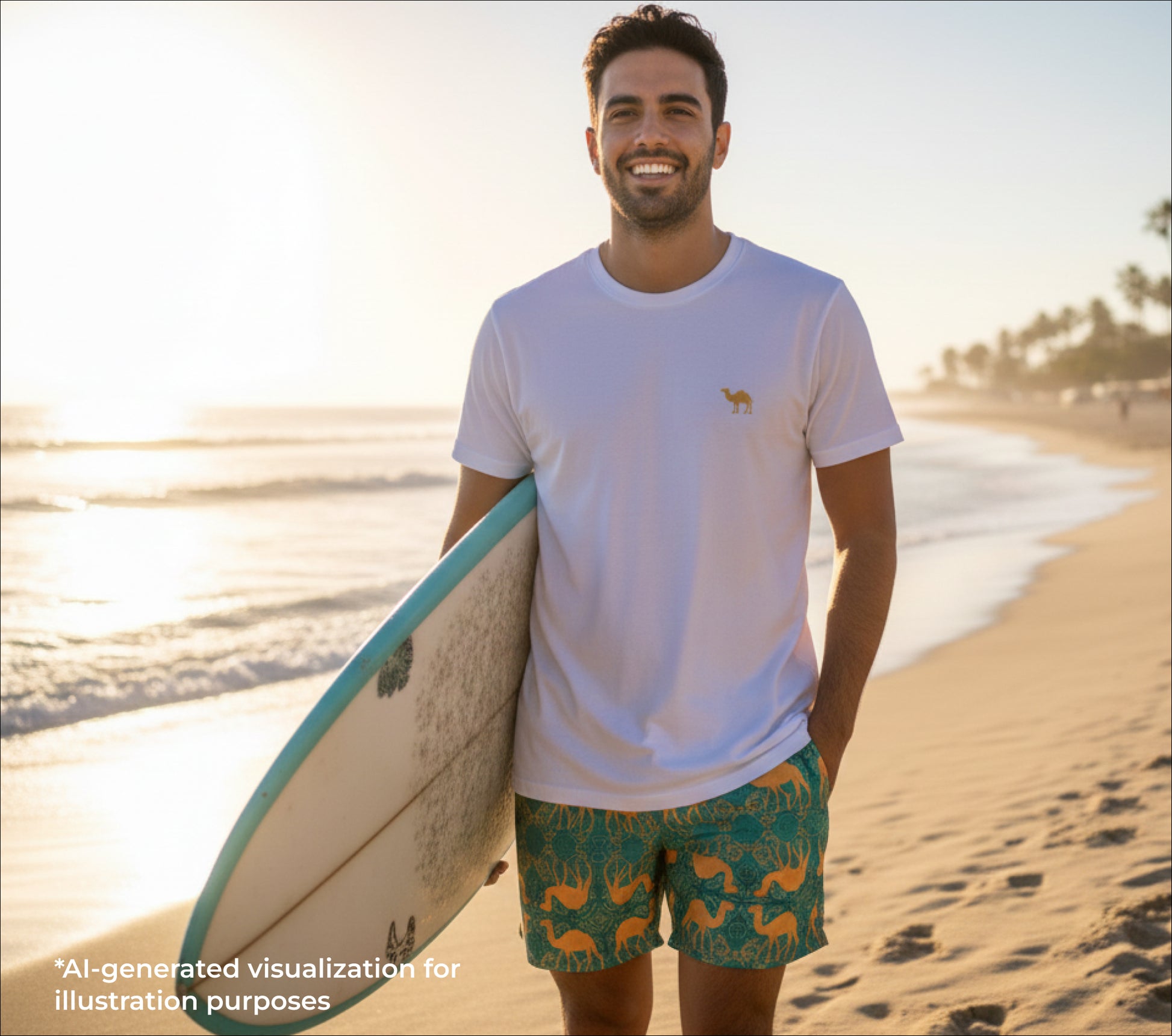 Man holding a surfboard on a beach with a scenic background