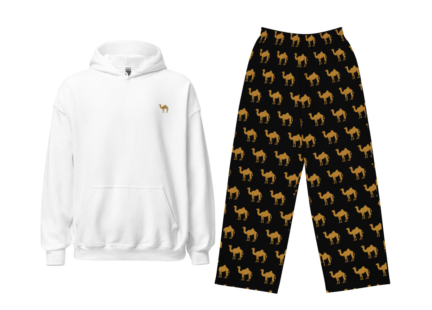 White hoodie and black pants with camel pattern on a white background