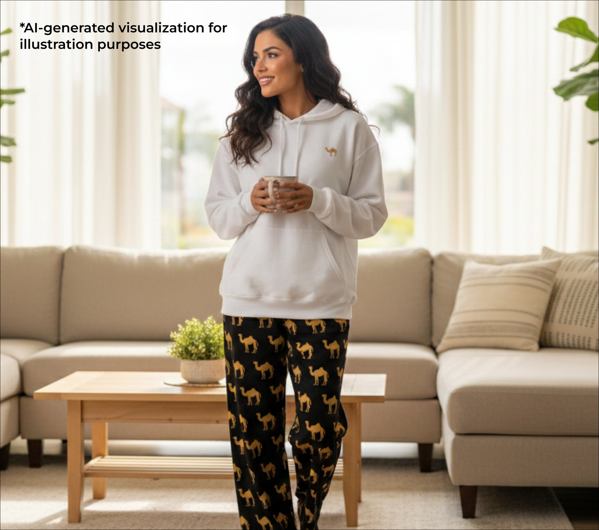 Woman wearing a white hoodie and black pants with dog pattern in a living room.