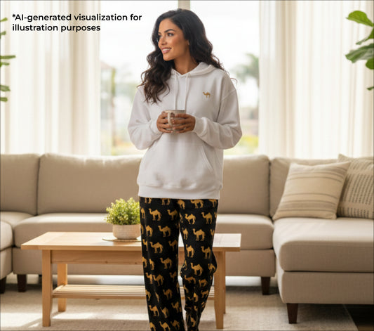Woman wearing a white hoodie and black pants with dog pattern in a living room.