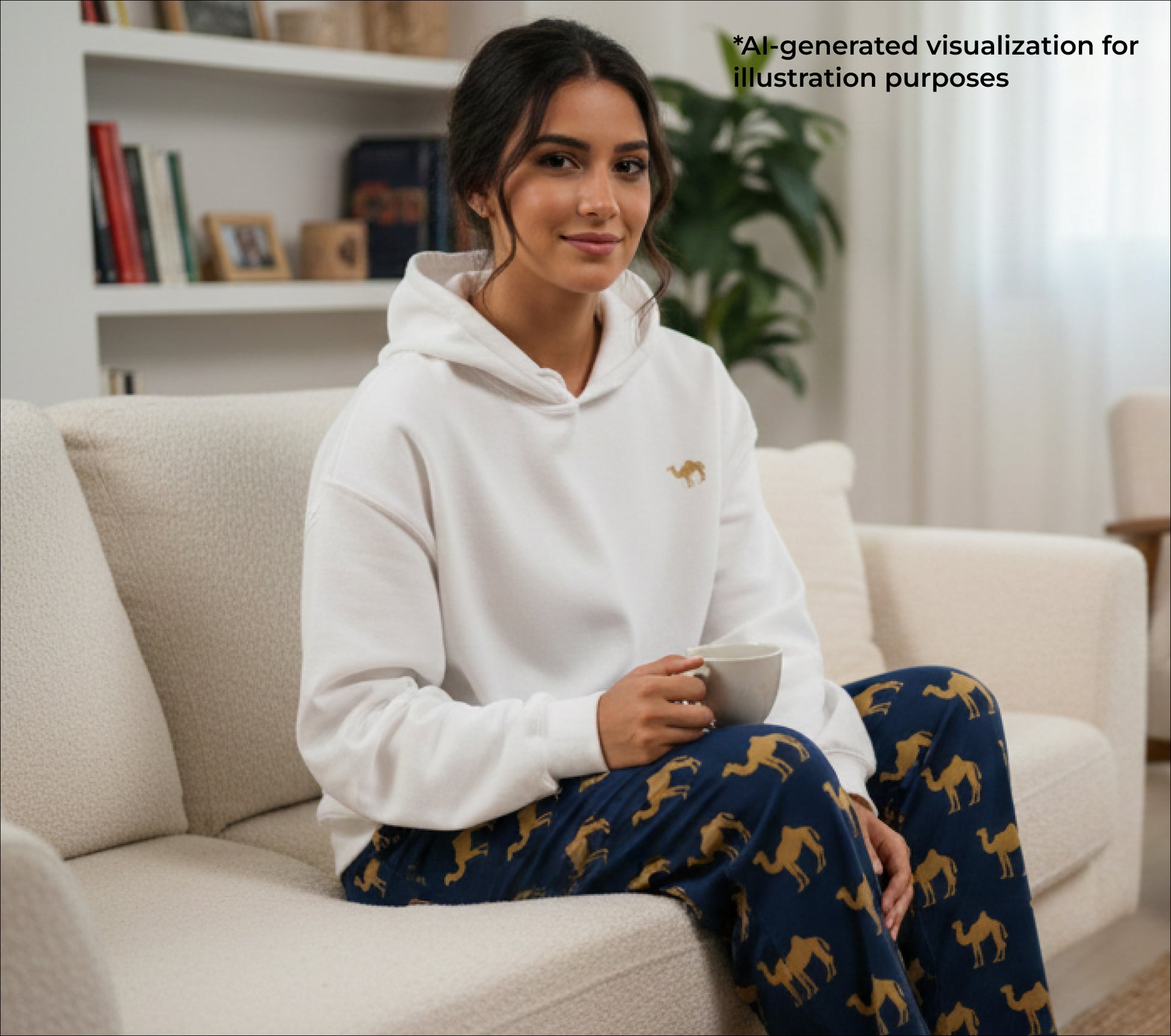 Woman sitting on a couch wearing a white hoodie and blue pants with a camel pattern, holding a mug.