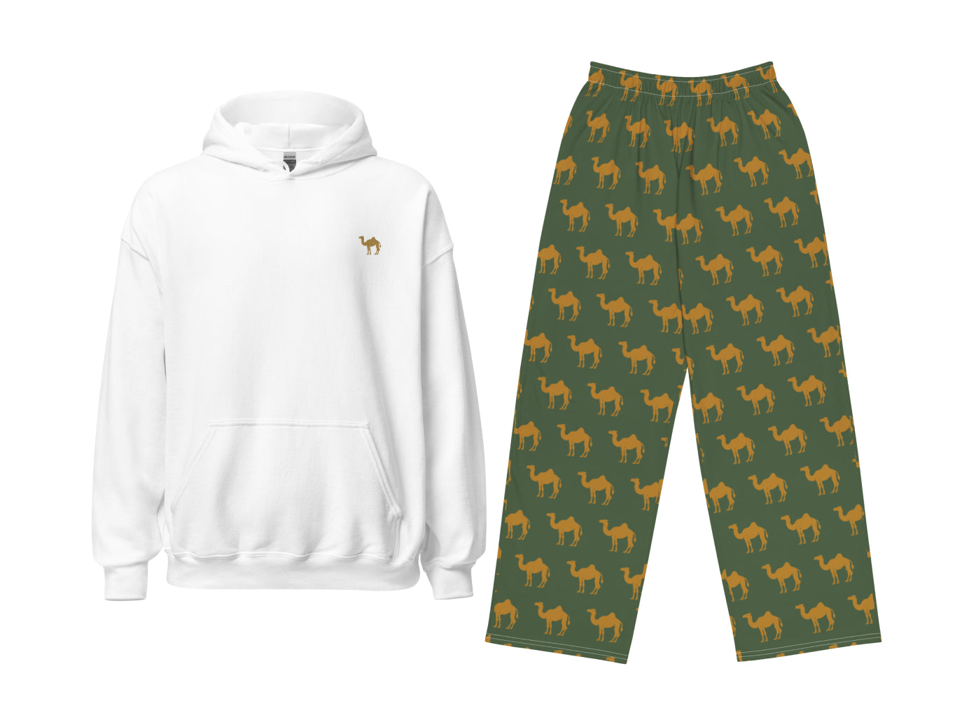 White hoodie and green pants with camel pattern on a white background