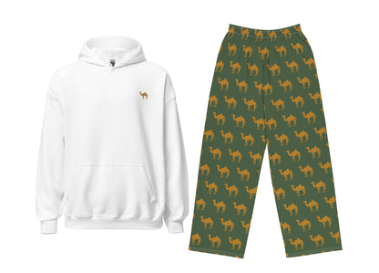 White hoodie and green pants with camel pattern on a white background