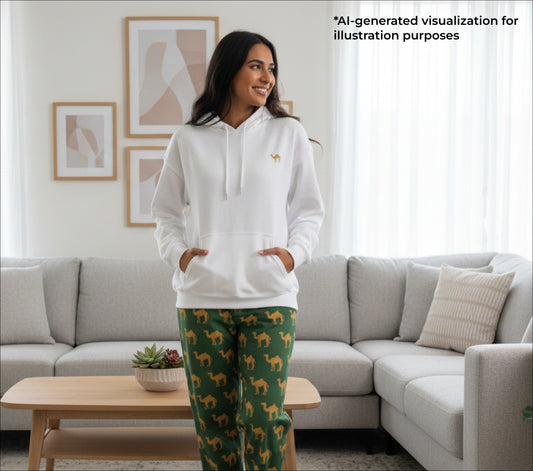 Woman wearing a white hoodie and green pants with camel pattern in a living room.