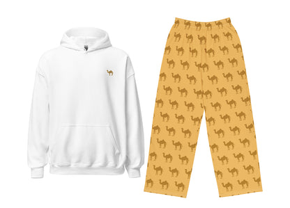 White hoodie and yellow pants with camel pattern on a white background