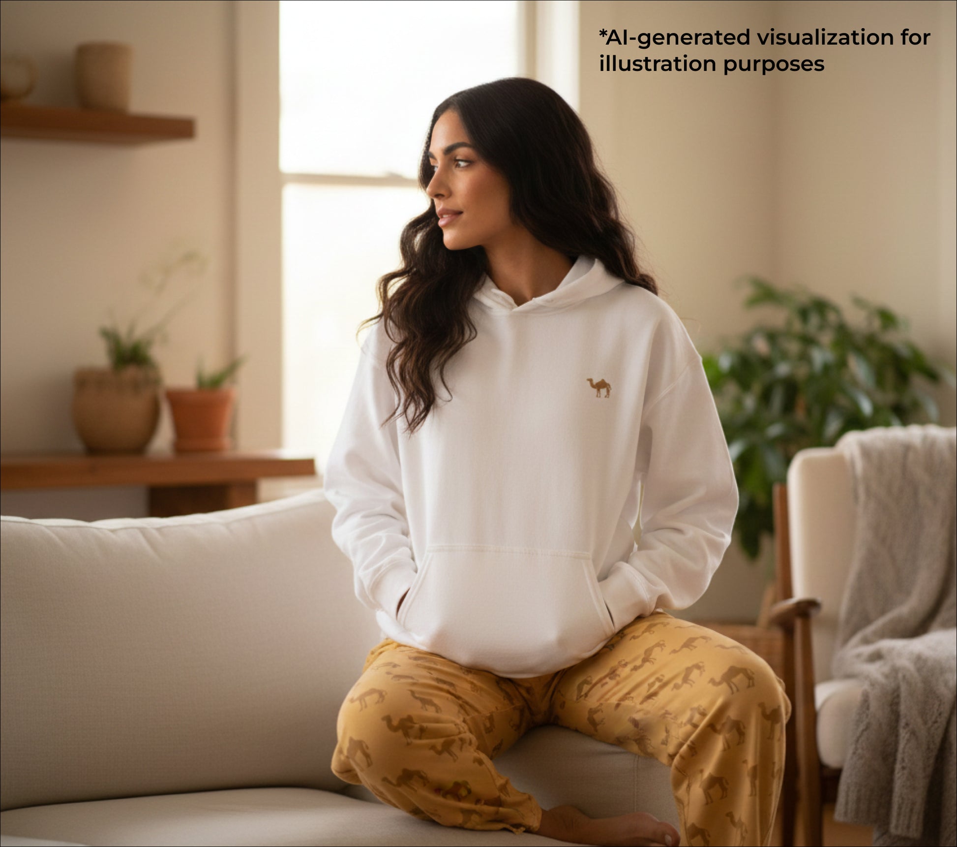 Woman wearing a white hoodie with a small embroidered camel, sitting on a couch in a cozy living room.