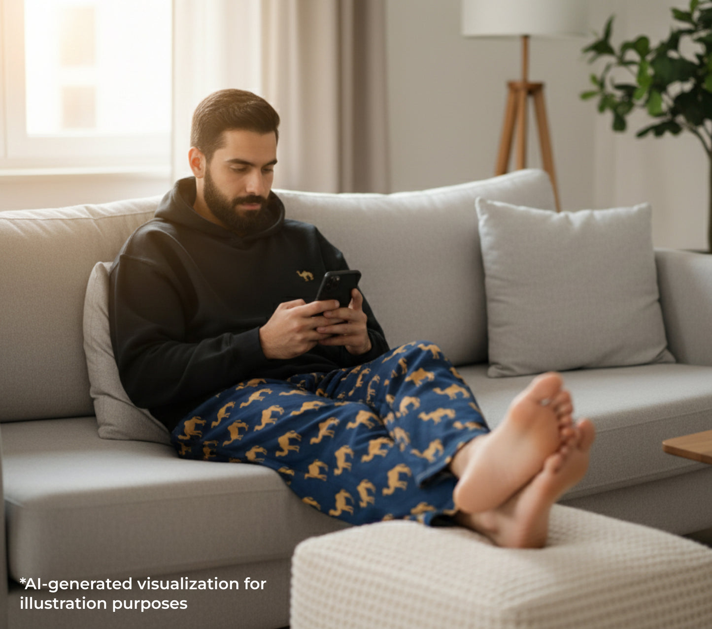Man sitting on couch using phone wearing hoodie with embroidered camel and a patterned camel print.