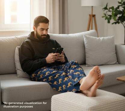 Man sitting on couch using phone wearing hoodie with embroidered camel and a patterned camel print.