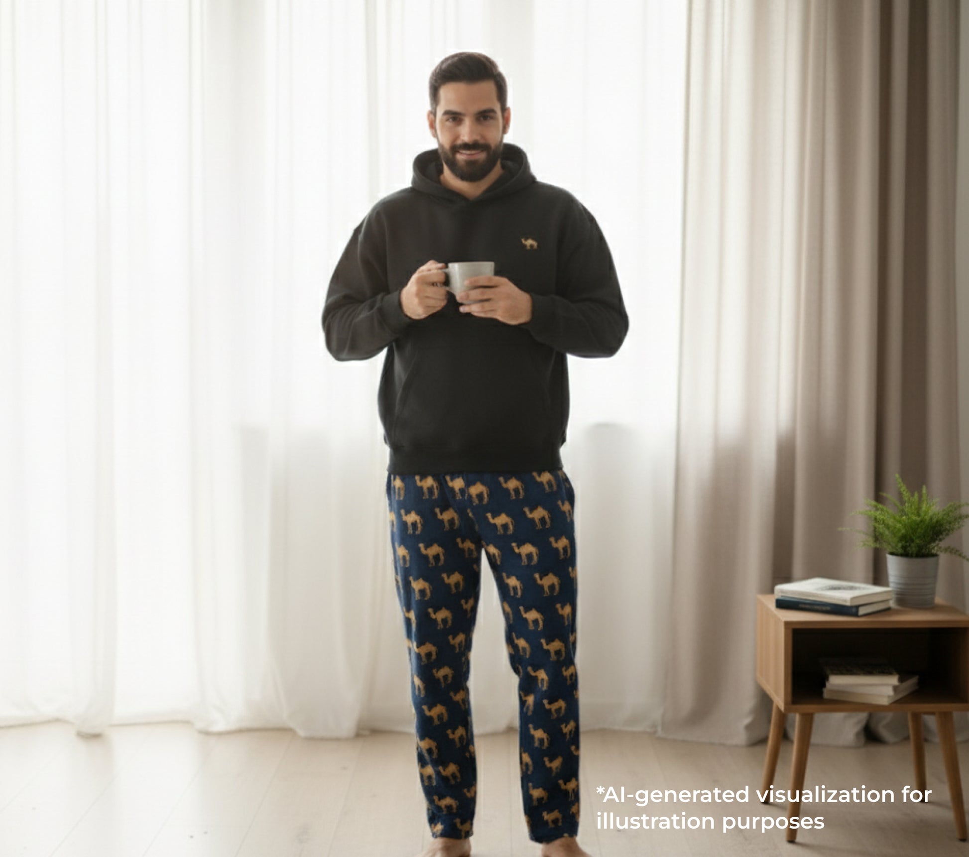 Man wearing a black hoodie and blue pajama pants with camel pattern, holding a mug in a room with curtains and a small table.