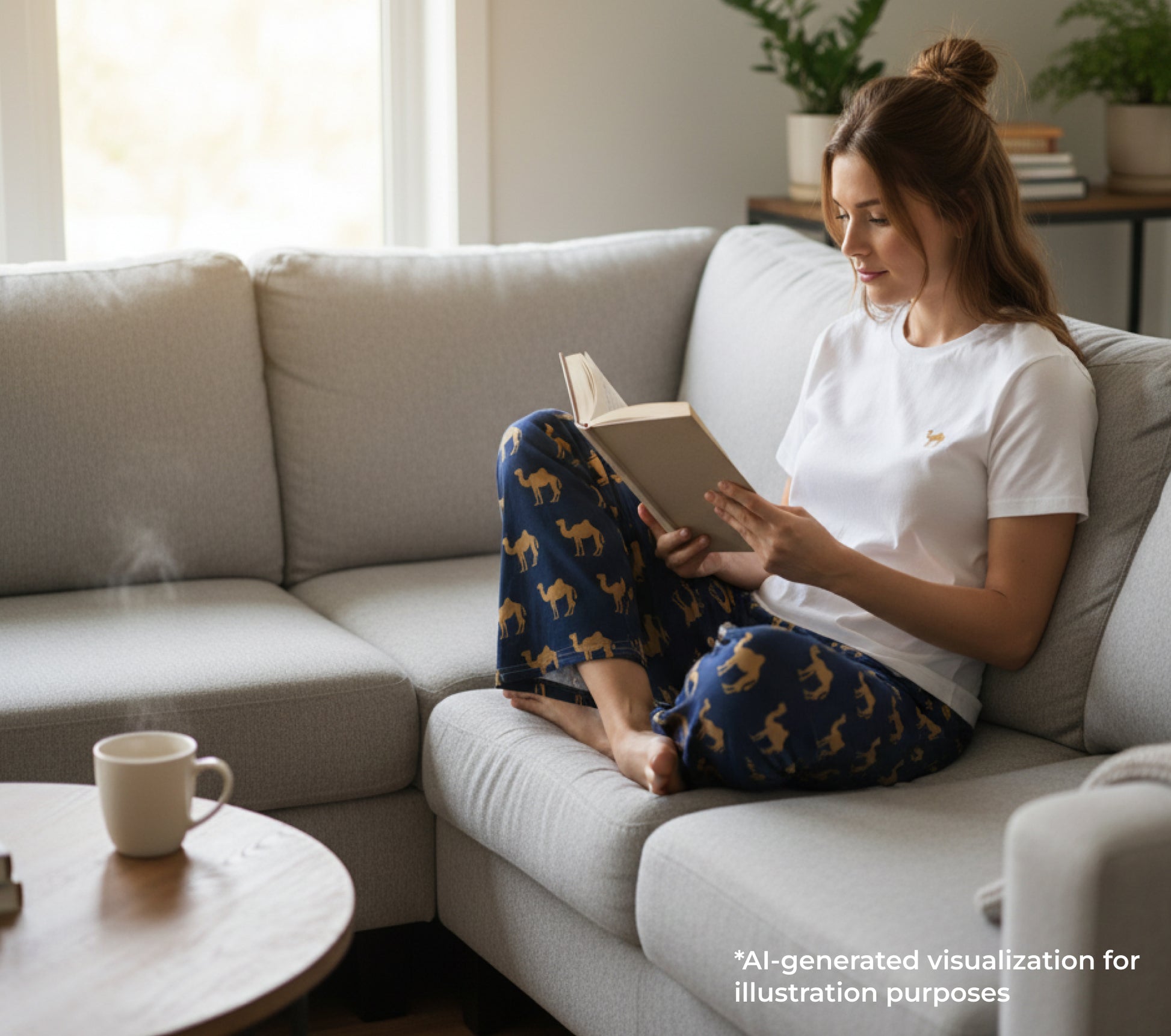 Woman reading a book on a couch with a steaming cup of coffee next to her