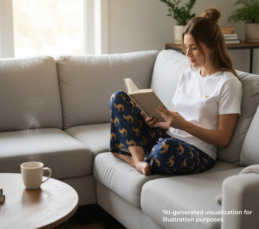 Woman reading a book on a couch with a steaming cup of coffee next to her