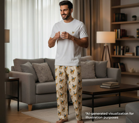 Man in a living room wearing a white t-shirt and patterned pants, holding a mug.