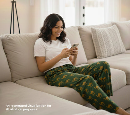 Woman sitting on a couch using a smartphone in a cozy living room.