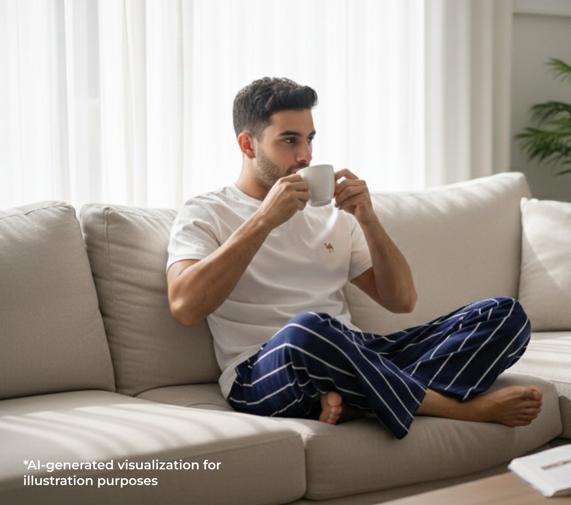 Man sitting on a couch drinking from a mug in a bright living room.