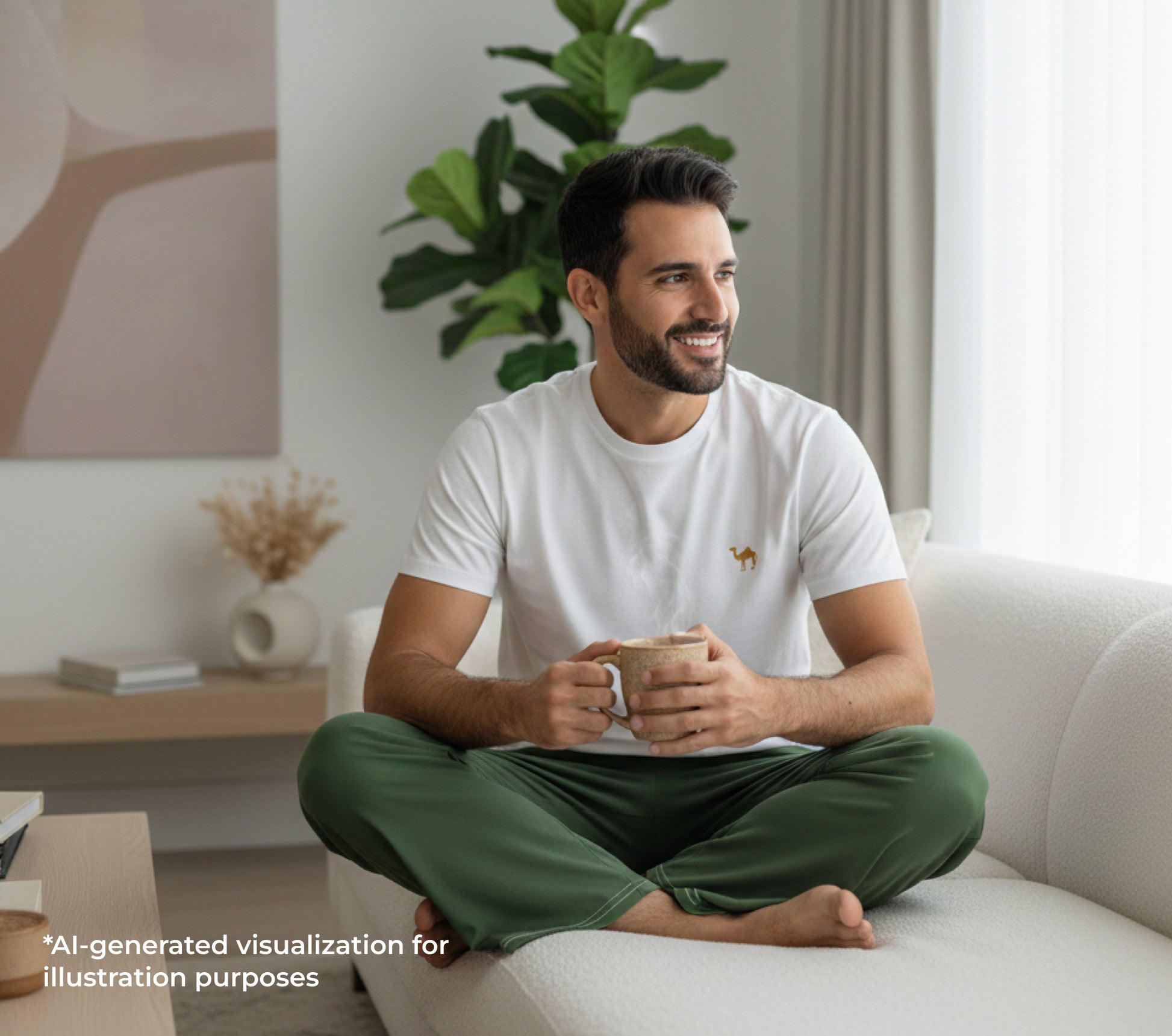 Man sitting on a couch holding a mug in a modern living room.