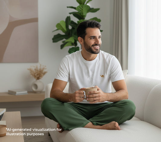 Man sitting on a couch holding a mug in a modern living room.