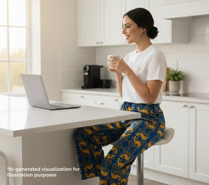 Woman sitting at a kitchen counter with a laptop and cup, wearing a white shirt and blue patterned pants.