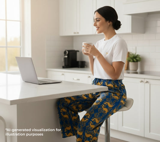 Woman sitting at a kitchen counter with a laptop and cup, wearing a white shirt and blue patterned pants.