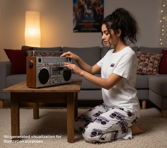Woman playing with a vintage boombox in a cozy living room.