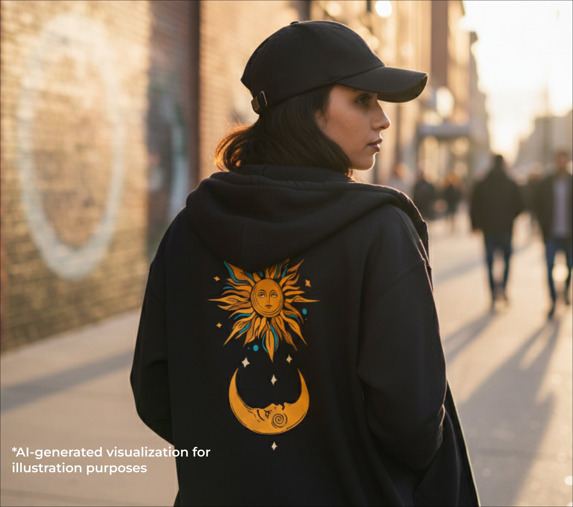 Person wearing a black hoodie with a sun and moon design, walking on a street.
