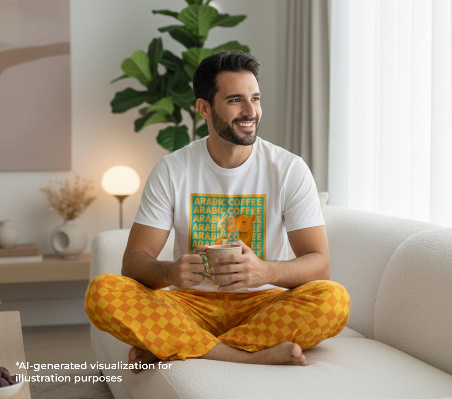 Man sitting on a couch holding a mug with a 'Arabic Coffee' design, wearing a white t-shirt and yellow pants.